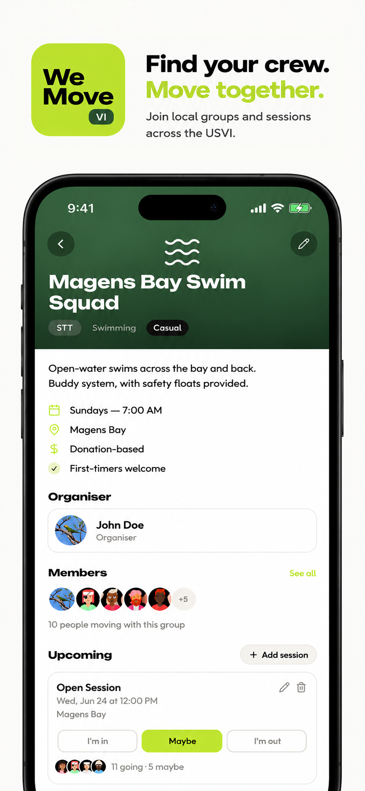We Move VI group page for Magens Bay Swim Squad, showing schedule, members, and sessions